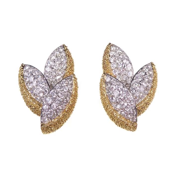 Pair of diamond and gold pave set leaf earrings